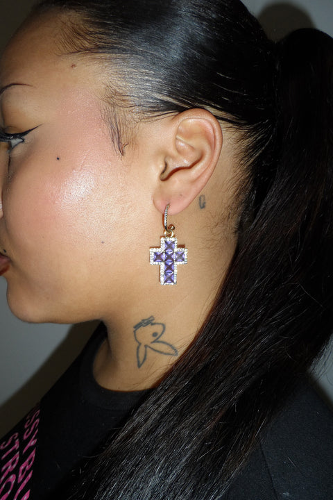 Purple cross earrings