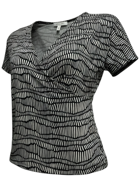 CHEZ SNOW BUNNY Max Mara short-sleeve wrap top in black and white abstract geometric print with a V-neckline