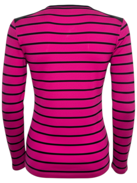 Pull Ralph Lauren CHEZ SNOW BUNNY à rayures horizontales roses et noires, coupe ajustée, vue arrière.