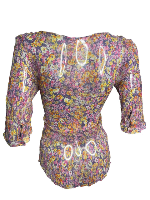 Vintage Purple Floral Print Silk Top