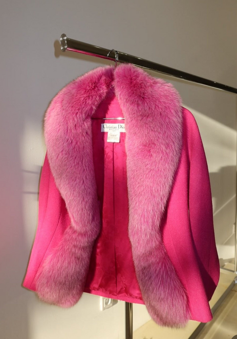 CHEZ SNOW BUNNY Christian Dior runway jacket in vibrant pink wool with a luxurious matching pink fox fur collar.