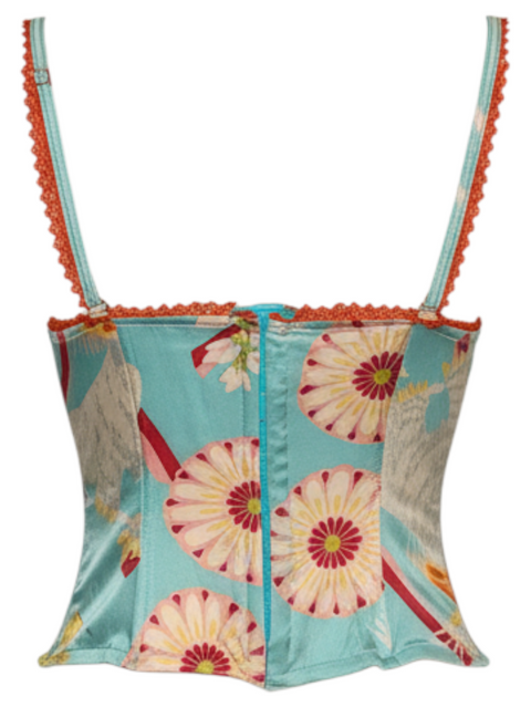 Corset Dior bleu à motif floral avec bretelles en dentelle orange, taille 90B FR, collection CHEZ SNOW BUNNY
