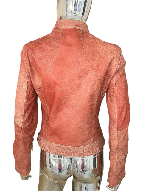 Kor@Kor Distressed Real Leather Jacket in Coral