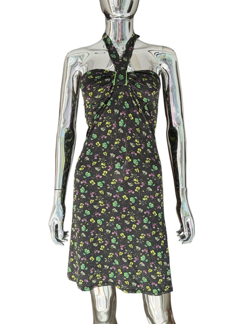 Vintage Olive Green Halter Neck Floral Dress