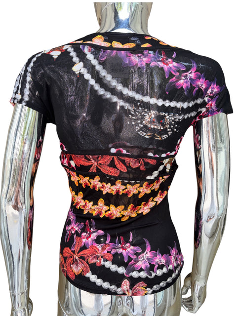 Just Cavalli Sheer Black Flower Print Top