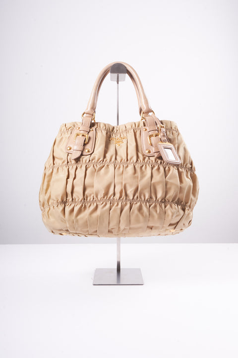 Prada Hand Bag Nylon Beige Gold