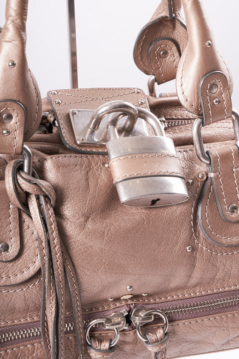 CHLOE PADDINGTON HAND BAG LEATHER BEIGE SILVER