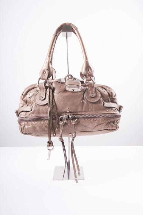 CHLOE PADDINGTON HAND BAG LEATHER BEIGE SILVER