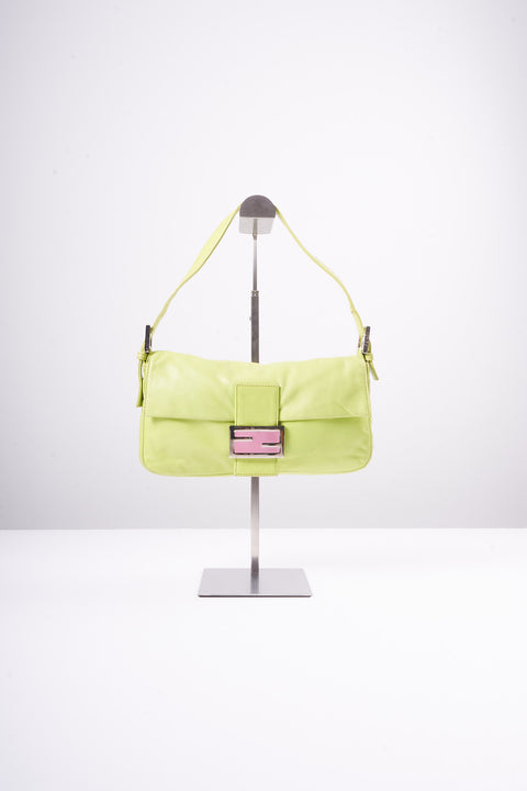 Fendi Mamma Baguette Shoulder Bag Lamp Skin Green Silver