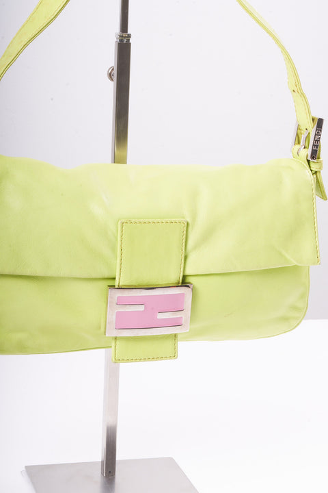 Fendi Mamma Baguette Shoulder Bag Lamp Skin Green Silver