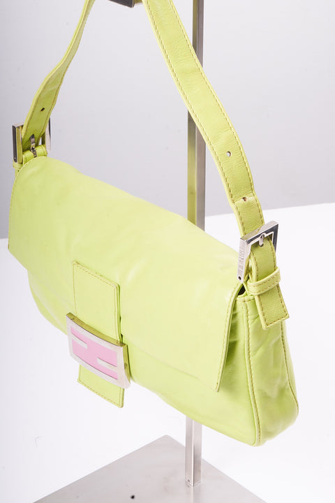 Fendi Mamma Baguette Shoulder Bag Lamp Skin Green Silver