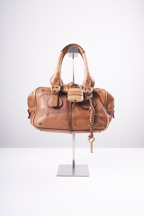 CHLOE PADDINGTON HAND BAG LEATHER BROWN GOLD