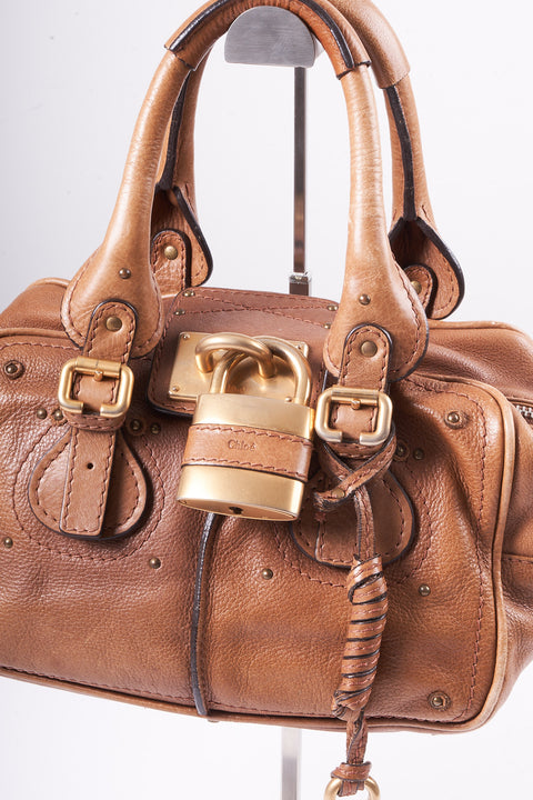 CHLOE PADDINGTON HAND BAG LEATHER BROWN GOLD