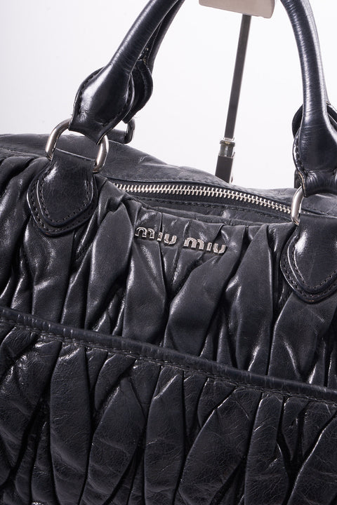 Miu Miu Matelasse Hand Bag Leather Black Silver