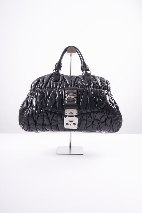 Miu Miu Matelasse Hand Bag Leather Black Silver