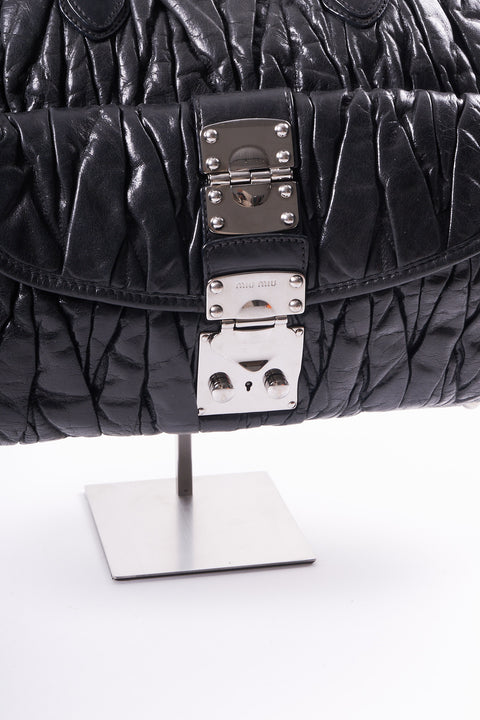 Miu Miu Matelasse Hand Bag Leather Black Silver
