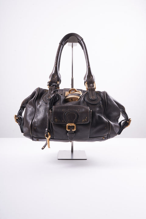 CHLOE PADDINGTON SHOULDER BAG LEATHER BROWN GOLD SILVER