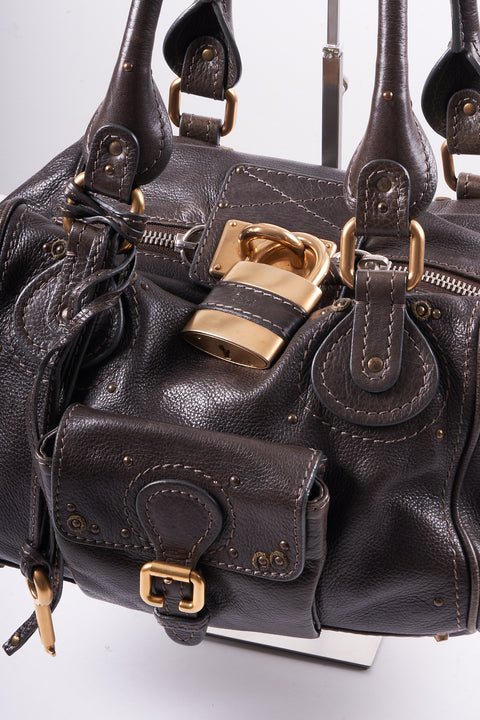 CHLOE PADDINGTON SHOULDER BAG LEATHER BROWN GOLD SILVER