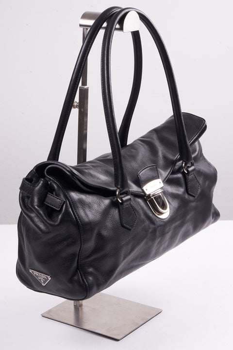 Prada Black Leather Top Handle Shoulder Bag