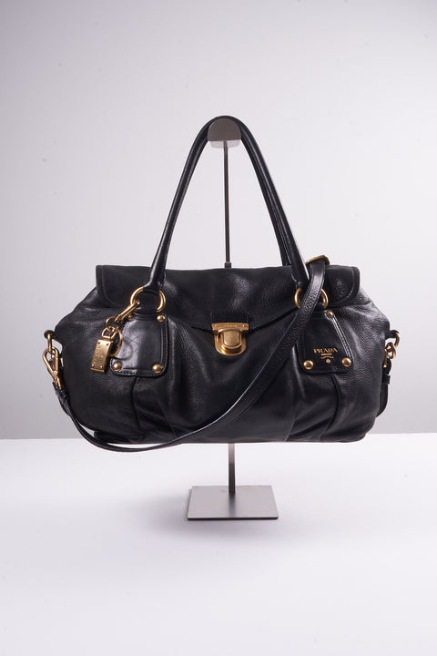 Prada Sturdy Black Leather & Gold Hardware Shoulder Bag
