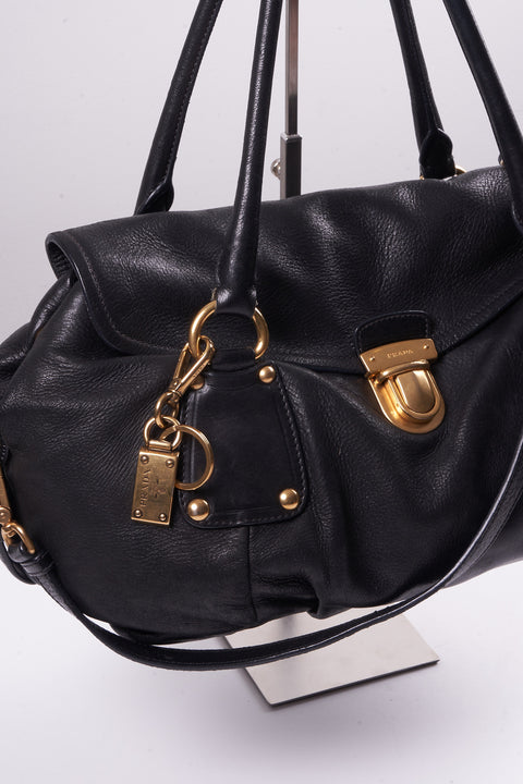 Prada Sturdy Black Leather & Gold Hardware Shoulder Bag