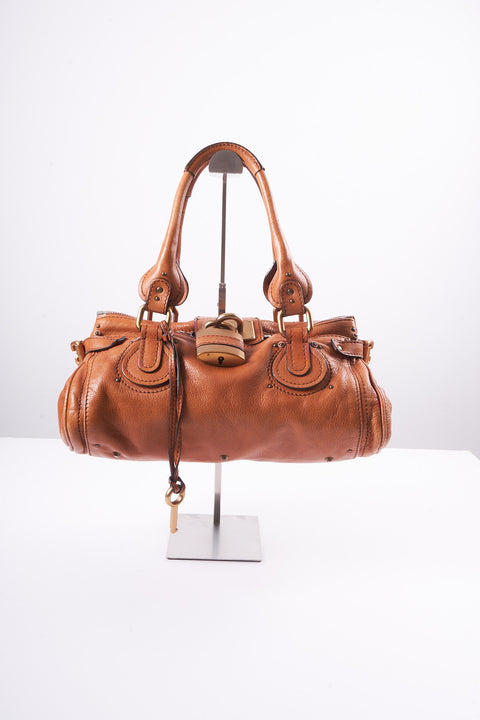 CHLOE PADDINGTON SHOULDER BAG LEATHER BROWN GOLD SILVER