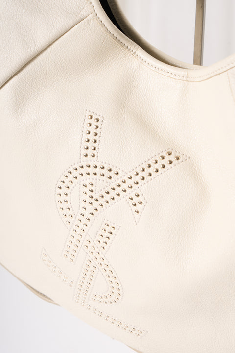 YSL Mombasa White Leather Studs Shoulder Bag