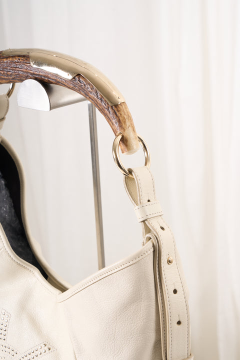 YSL Mombasa White Leather Studs Shoulder Bag