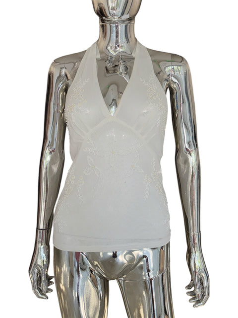 Vintage White Embroidered Mesh Halter Top