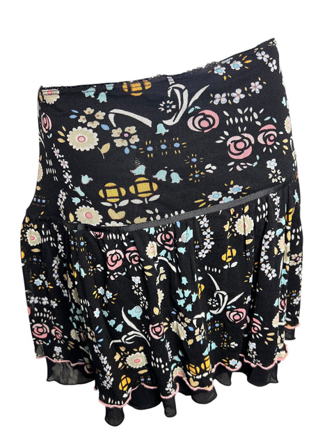 Vintage Black Blue Yellow Floral Print Skirt