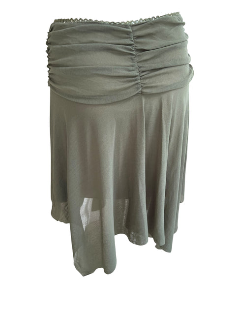 Vintage Khaki Mesh Ruched Belt Skirt