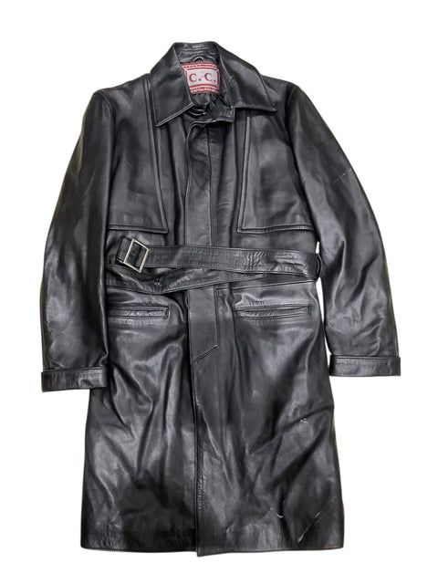 C.C Black Leather Long Trench Coat with Belt