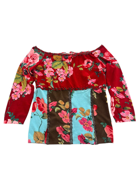 Blumarine Red Floral Print Velvet Detail Long Sleeve