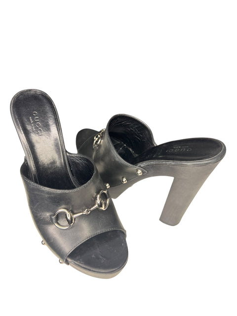 Gucci Black Leather Horse Bit Mules