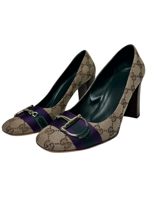 CHEZ SNOW BUNNY Gucci monogram canvas heels with purple and green web stripe and silver horsebit detail