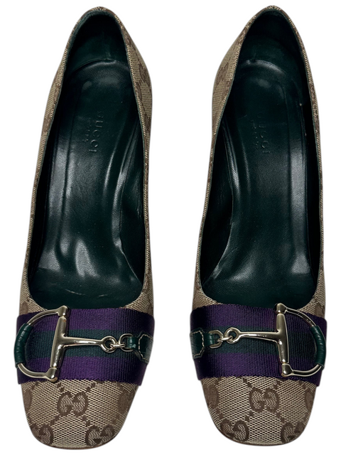 CHEZ SNOW BUNNY Gucci monogram canvas heels with purple and green web stripe and gold horsebit detail