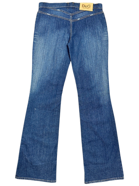 CHEZ SNOW BUNNY Dolce Gabbana blue denim flare jeans with back leather logo patch, size 42 EU