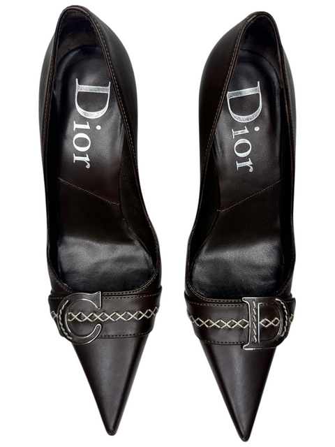 CHEZ SNOW BUNNY Dior brown leather pointed-toe heels with silver CD logo buckles and contrast stitching, size 36.5 EU