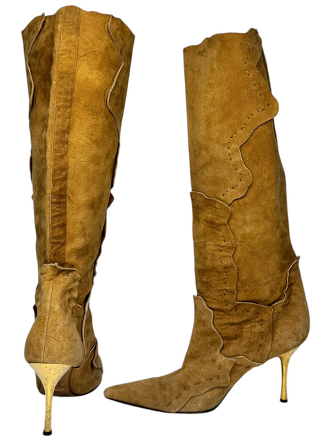 CHEZ SNOW BUNNY Dolce Gabanna tan suede patchwork knee-high boots with gold stiletto heels