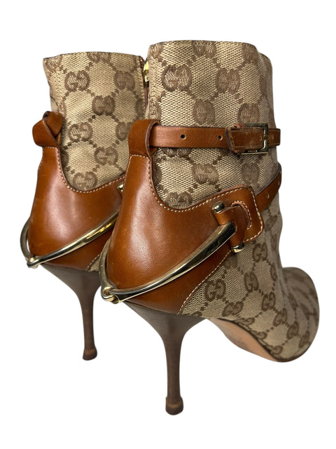 Gucci Beige Canvas Brown Leather Bit Boots