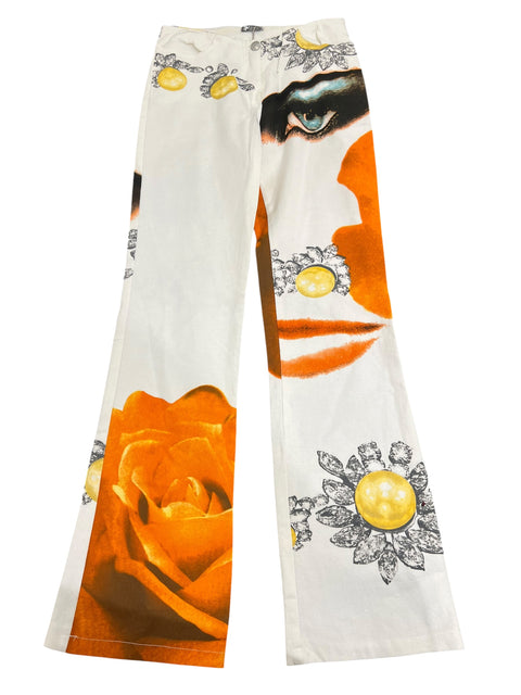 Amnesia Paris White Denim Orange Print Pant