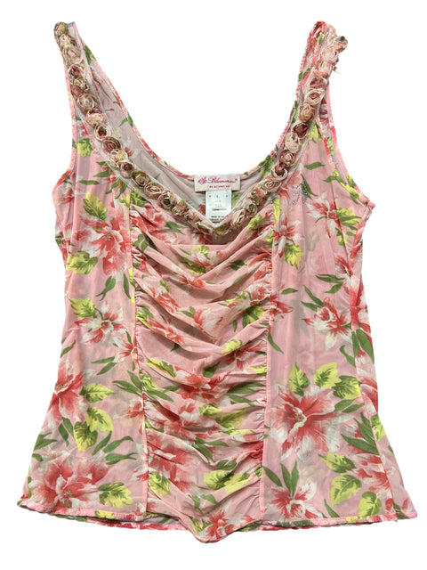 Blumarine Pink Mesh Floral Print Tank Top