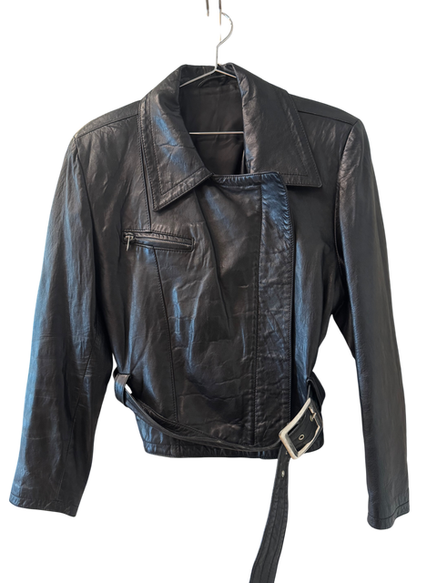 Vintage Black Leather Belt Jacket