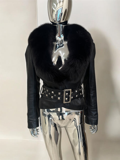 Black Leather And Fur Studded Jacket