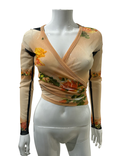 JPG Long Sleeve Orange Flower Printed Mesh Crossed Top