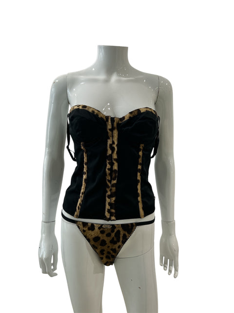 Dolce & Gabbana Black and Leopard Corset and Tanga Set