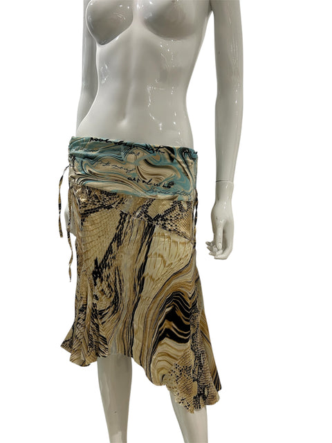 Cavalli Beige and Turquoise Pure Silk Long Skirt