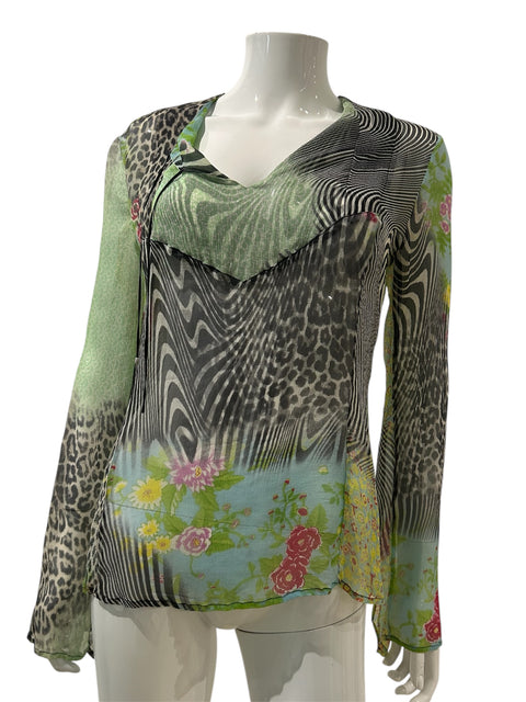 Cavalli Leopard and Green Silk Long Sleeve