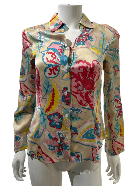 Escada Multi Color Pattern Satin Long Sleeve Shirt