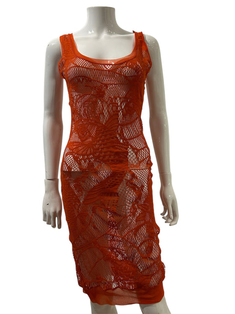 JPG Orange Fishnet Long Sleeveless Dress